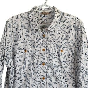 Duluth Trading Printmaker Poplin Shirt Button Up Birds Womens XXL White 13607